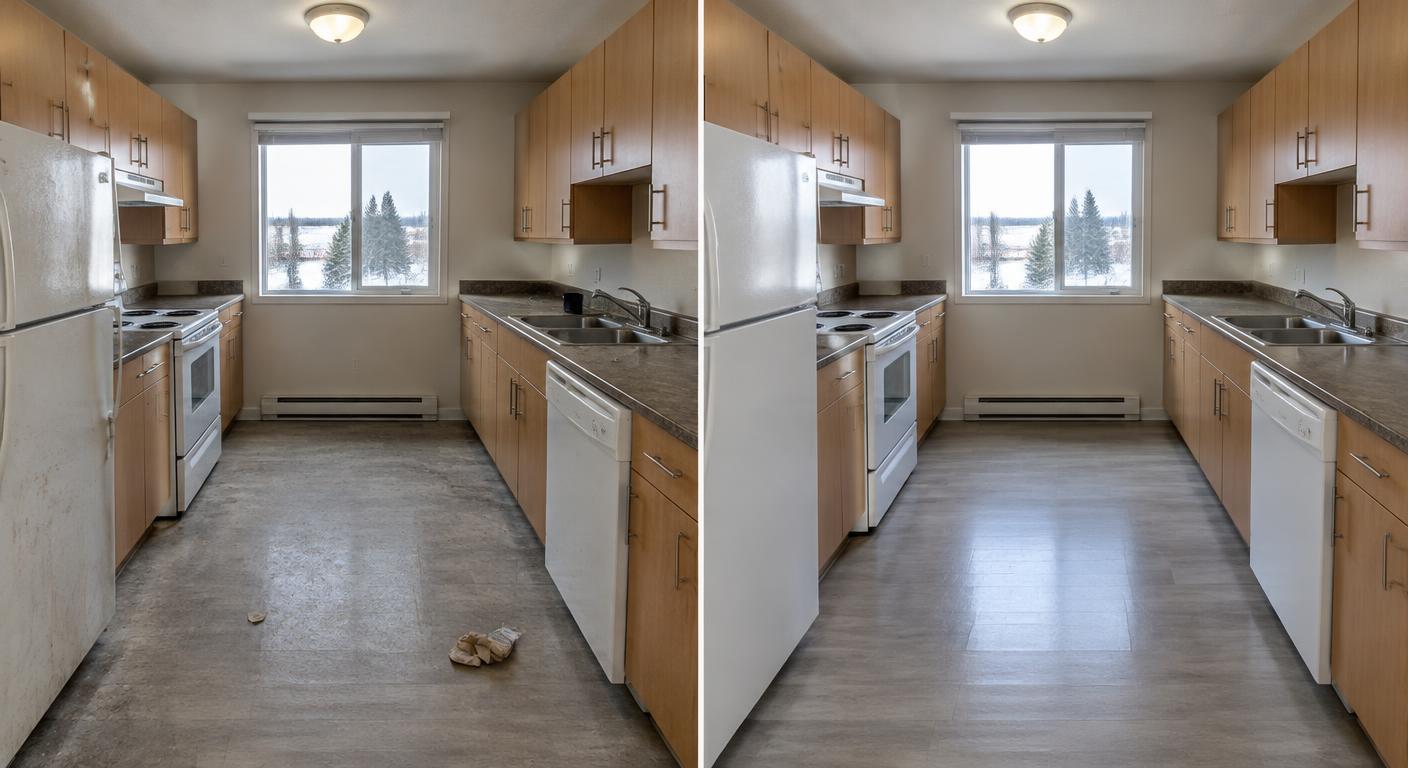 Illustrative split view of a rental kitchen before and after a move-out clean
