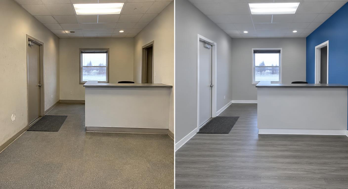 Illustrative split view of an office reception before and after a refresh