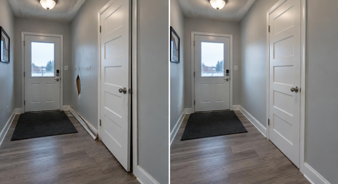 Illustrative split view of an entryway before and after maintenance repairs