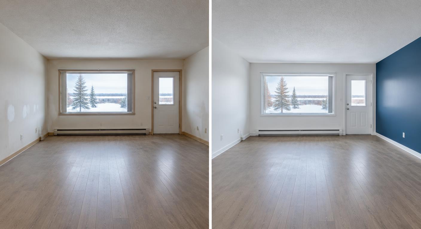 Illustrative split view of a living room before and after an interior paint refresh