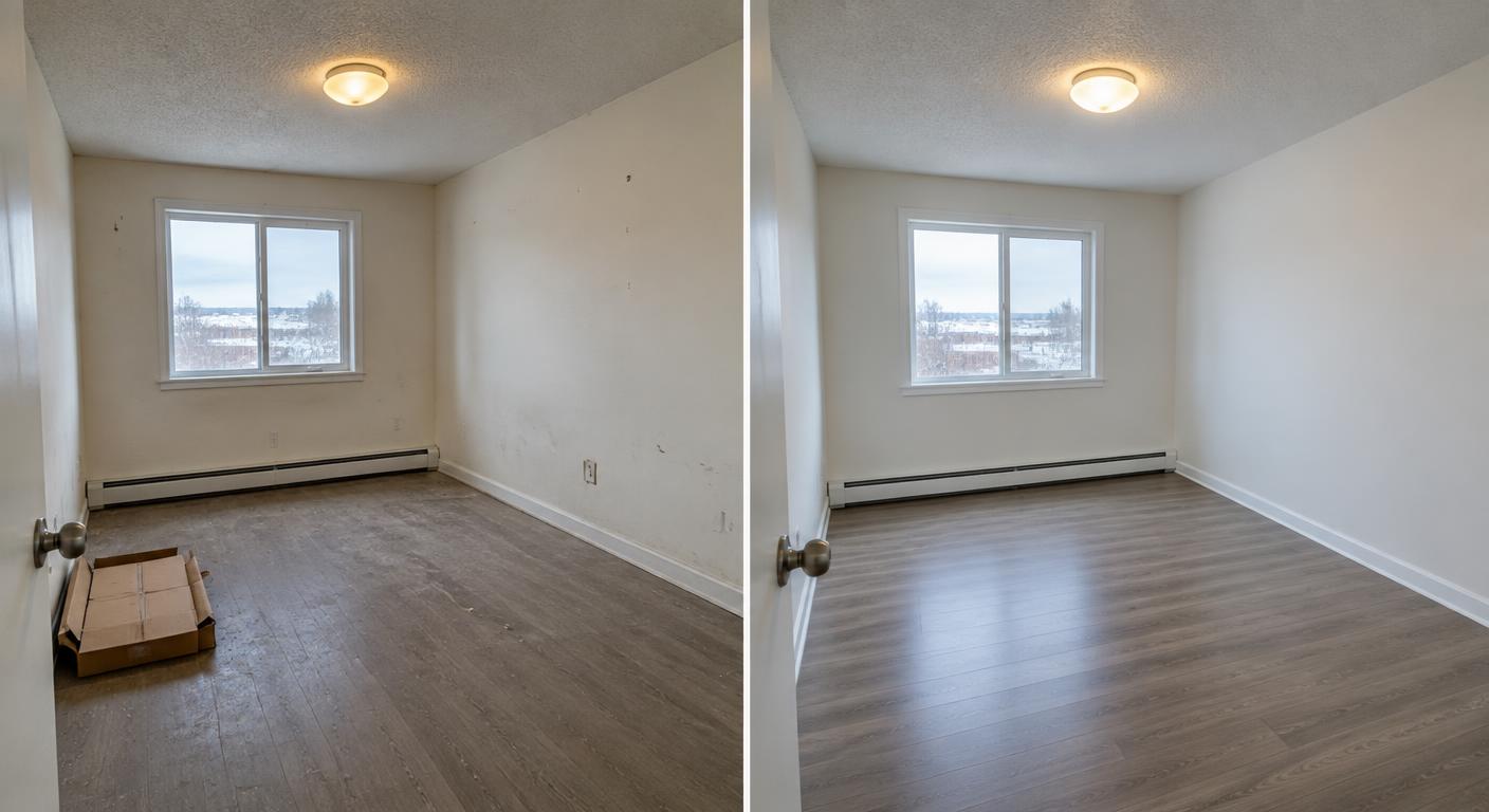 Illustrative split view of a rental room before and after a coordinated turnover